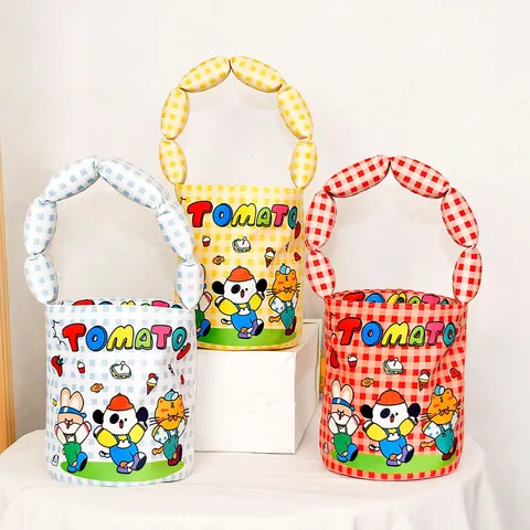 Cute Cartoon Animal Print Plaid Bucket Bag Kids Handbag Girls Casual Daily Puffed Handle Tote Bag