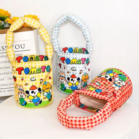 Cute Cartoon Animal Print Plaid Bucket Bag Kids Handbag Girls Casual Daily Puffed Handle Tote Bag