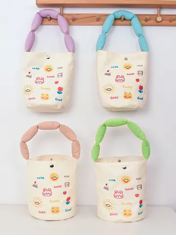 Canvas Bucket Bag Cute Cartoon Letter Embroidered Handbag With Lock And Soft Handle Casual Tote Gift Bag For Women
