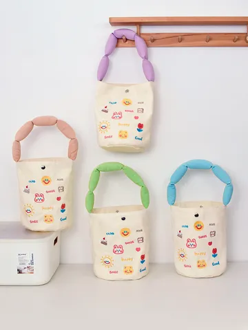Canvas Bucket Bag Cute Cartoon Letter Embroidered Handbag With Lock And Soft Handle Casual Tote Gift Bag For Women