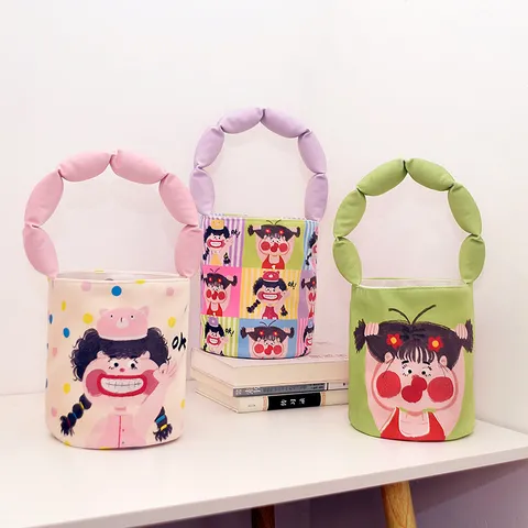 Women Canvas Bucket Bag Retro Vintage Printed Cylindrical Handbag Small Casual Puffed Strap Commuter Shoulder Bag
