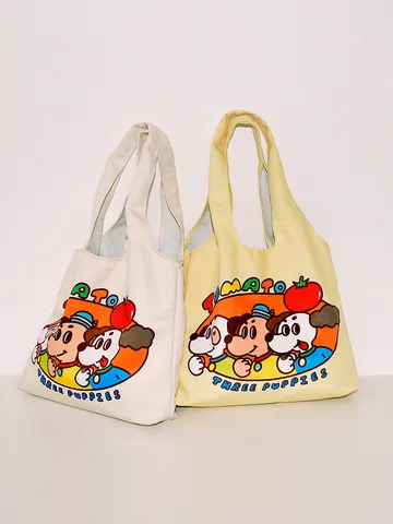 Women Large Capacity Canvas Tote Bag Cartoon Print Shoulder Bag Daily Commuting Shopping Handbag
