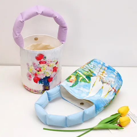 European Retro Oil Painting Canvas Bucket Bag Women Small Bento Handbag Cotton-Filled Handle Floral Printed Tote Bag