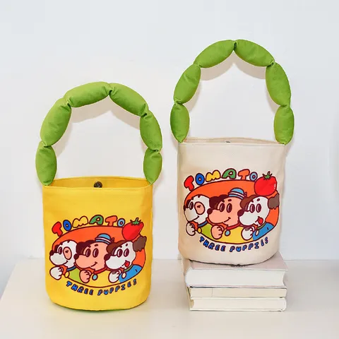 Cute Cartoon Printed Canvas Bucket Bag With Cotton Padded Handle Casual Small Handbag For Women And Kids Versatile Daily Tote