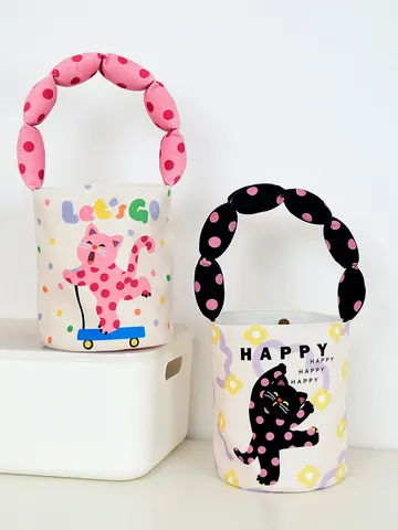 Women Canvas Bucket Bag Cute Cartoon Cat Print Portable Handbag Daily Casual Small Tote Bag With Puffed Handle