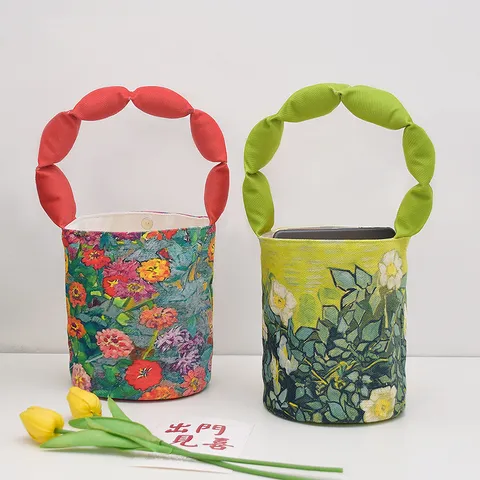 Artistic Oil Painting Floral Canvas Bucket Bag Women Small Tote Bag Puffer Handle Casual Handbag Daily Use