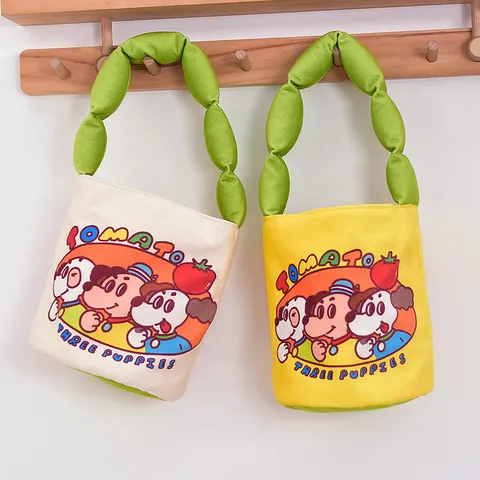 Cute Cartoon Printed Canvas Bucket Bag With Cotton Padded Handle Casual Small Handbag For Women And Kids Versatile Daily Tote