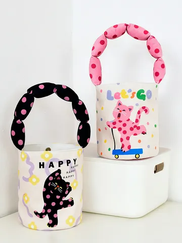 Women Canvas Bucket Bag Cute Cartoon Cat Print Portable Handbag Daily Casual Small Tote Bag With Puffed Handle