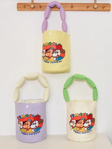 Women Canvas Bucket Bag Cute Cartoon Dog Print Padded Strap Large Capacity Handbag Casual Daily Shoulder Bag