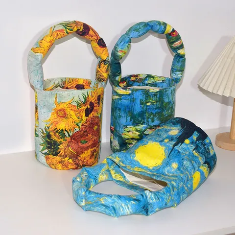 Vintage Van Gogh Art Print Padded Shoulder Bucket Bag Small Handbag Crossbody Tote Bag For Women