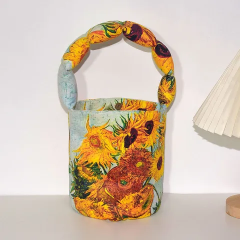 Vintage Van Gogh Art Print Padded Shoulder Bucket Bag Small Handbag Crossbody Tote Bag For Women