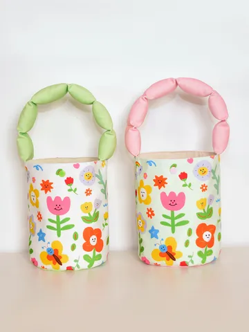 Cute Floral Print Canvas Bucket Bag With Puffed Cotton Handle Sweet Casual Small Handbag For Women Daily Matching