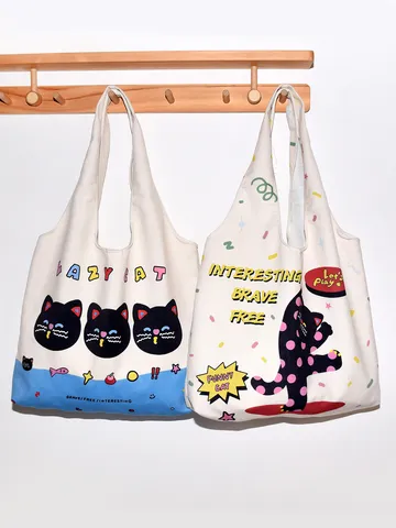 Women Canvas Tote Bag Large Capacity Casual Shoulder Bag Cute Cat Print Student Daily Shopping Handbag