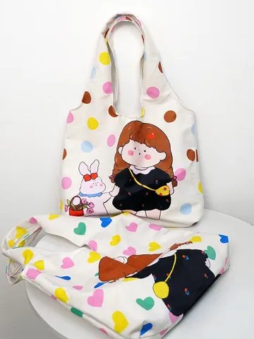 Women Canvas Tote Bag Large Capacity Casual Shoulder Bag Cute Cartoon Girl Print Handbag Student School Shopping Bag