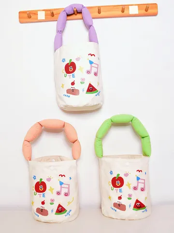 Women Canvas Bucket Bag Cute Cartoon Fruit Print Handbag Casual Small Tote Bag Daily Matching Shopping Bag