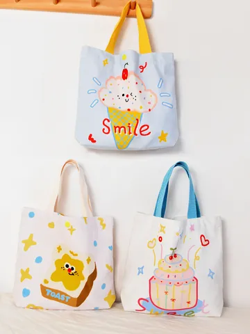 Women Casual Cartoon Print Canvas Tote Bag Cute Sweet Style Small Handbag Daily Student Hand Bag