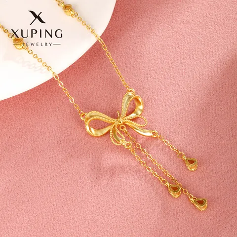 Women Elegant Bowknot Tassel Pendant Necklace Copper Alloy Electroplated Fashion Clavicle Chain Jewelry Gift