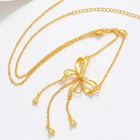 Women Elegant Bowknot Tassel Pendant Necklace Copper Alloy Electroplated Fashion Clavicle Chain Jewelry Gift
