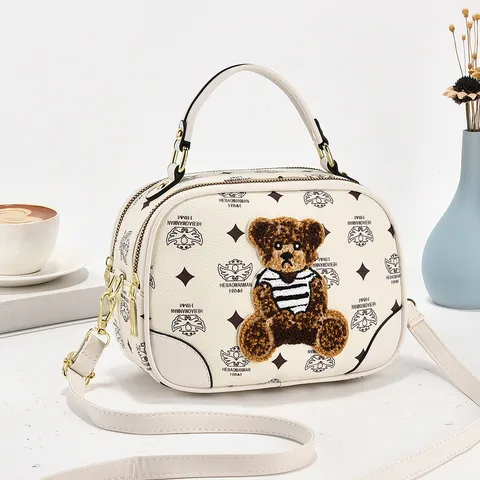 Donna Moda Pelle PU Borsa a Tracolla Simpatico Orso Patchwork Stampato Borsa a Spalla Casual Borsa a Mano