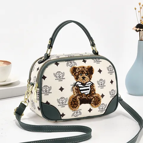 Donna Moda Pelle PU Borsa a Tracolla Simpatico Orso Patchwork Stampato Borsa a Spalla Casual Borsa a Mano
