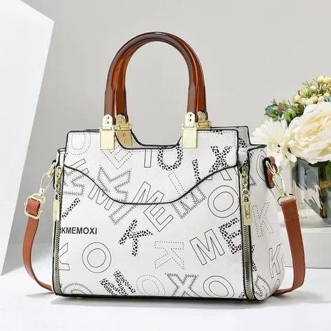 Borsa Tote da Donna in Pelle PU alla Moda con Grande Capacidad e Design Patchwork con Stampa di Lettere