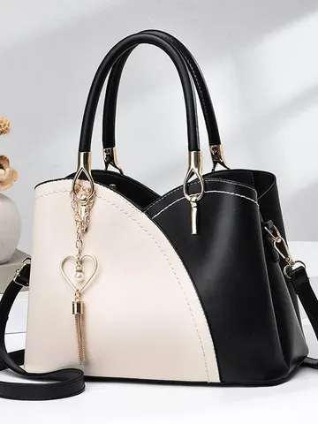 Borsa a Mano in Pelle PU da Donna Blocco di Colore Borsa a Manico Superiore Casual Tracolla con Ciondolo Nappa Cuore