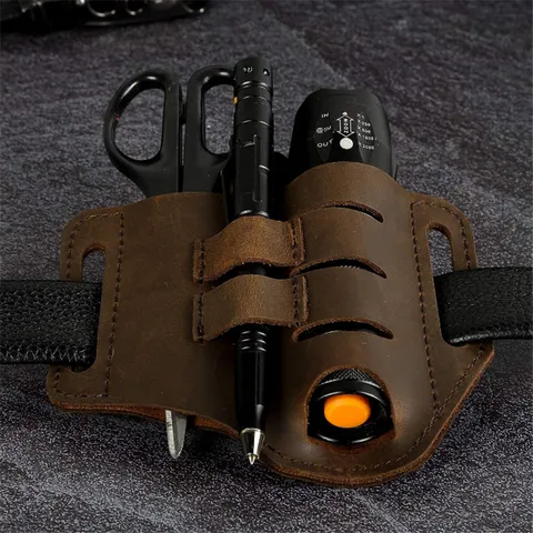Bolsa de Herramientas de Cuero EDC Vintage Organizador de Bolsillo Multifuncional para Cinturón Bolígrafo Táctico Linterna Cuchillo