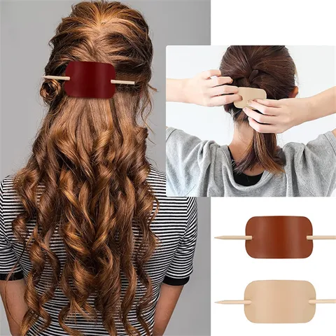 Vintage Leather Oval Hair Clip With Wooden Hairpin Stick Forest Style Retro Ponytail Hair Accessories For Women Girls