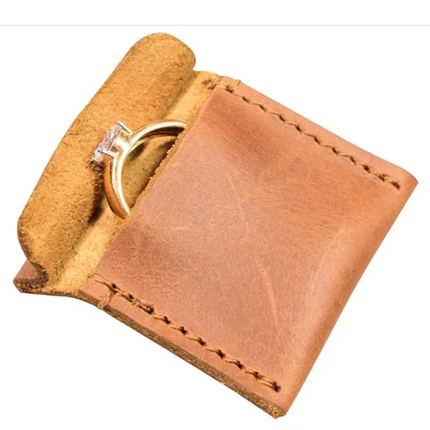 Retro Genuine Cowhide Ring Bag Portable Wedding Ring Storage Bag Square Couple Ring Jewelry Pouch Organizer