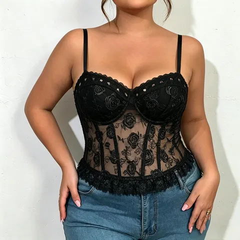 Women Plus Size Gothic Dark Rose Embroidered Lace Corset Top Sexy Sheer Mesh Bustier With Metal Studs V Neck Camisole