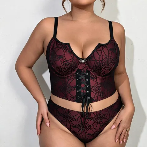 Plus Size Gothic Spinnennetz Spitze Korsett Top Und Bottom Set Halloween Weinrot Sexy Unterwäsche Für Damen Dark Steampunk
