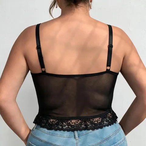 Women Plus Size Gothic Dark Rose Embroidered Lace Corset Top Sexy Sheer Mesh Bustier With Metal Studs V Neck Camisole