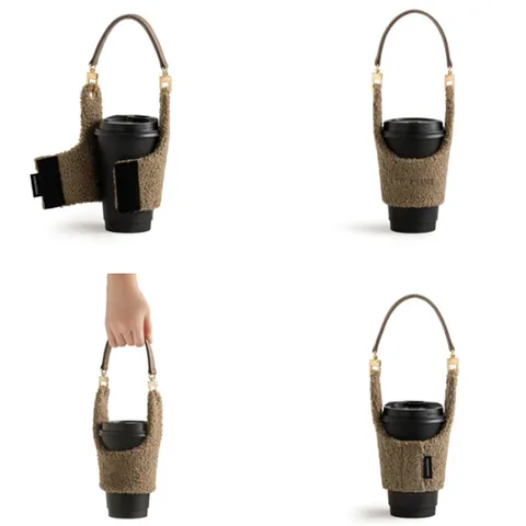 Winter Warm Teddy Velvet Coffee Cup Sleeve Portable Plush Cup Cover Insulated Anti-Scald Drink Sleeve With PU Leather Handle
