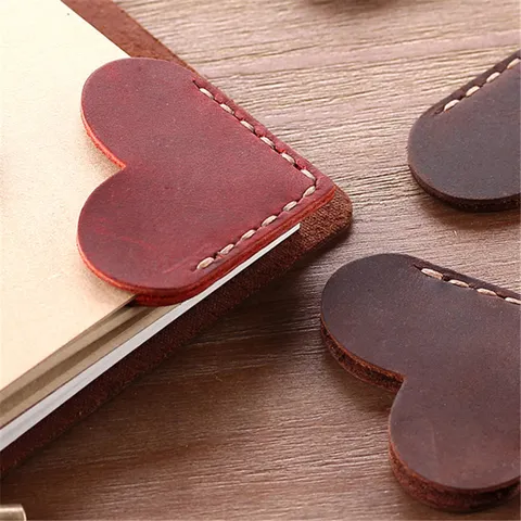 Vintage Crazy Horse Leather Heart Bookmark Handmade Cowhide Book Clip Creative Stationery Reading Marker Gift For Office