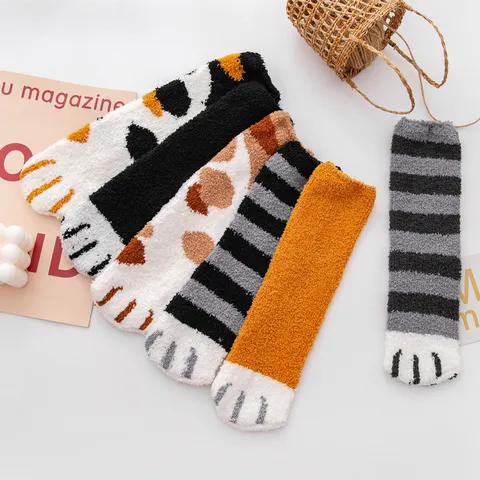 Women Winter Thickened Coral Fleece Sleeping Socks Cute Cat Claw Warm Floor Socks Soft Indoor Socks For Ladies
