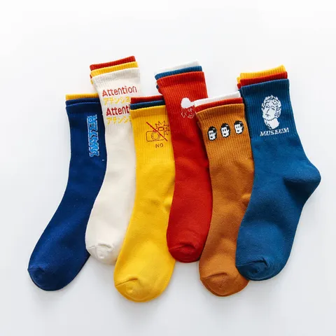 Autumn Winter Harajuku Style Women Long Tube Socks Creative Contrast Color Cuff Cotton Jacquard Casual Hosiery
