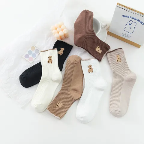 Women Japanese JK Style Cute Little Bear Embroidered Crew Socks Cotton Comfortable Daily Casual Hosiery