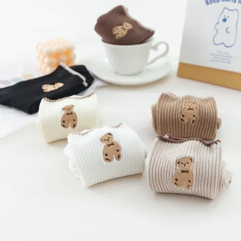 Women Japanese JK Style Cute Little Bear Embroidered Crew Socks Cotton Comfortable Daily Casual Hosiery