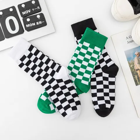 Women's Checkerboard Mid-Tube Socks Cotton Jacquard Breathable Casual Fashion Trendy Black Green White Contrast Socks