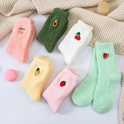 Women's Winter Thickened Coral Fleece Sleep Socks Cute Japanese Style Fruit Embroidered Warm Floor Socks Home Socks