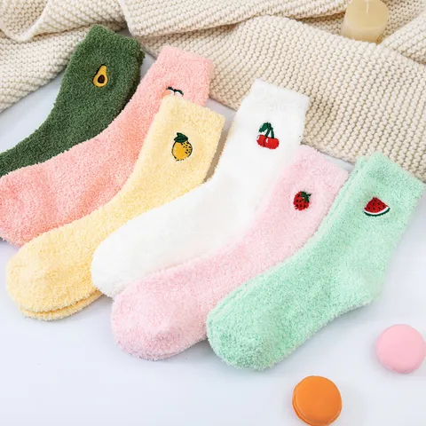 Women's Winter Thickened Coral Fleece Sleep Socks Cute Japanese Style Fruit Embroidered Warm Floor Socks Home Socks