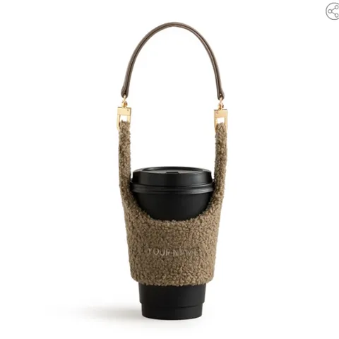 Winter Warm Teddy Velvet Coffee Cup Sleeve Portable Plush Cup Cover Insulated Anti-Scald Drink Sleeve With PU Leather Handle