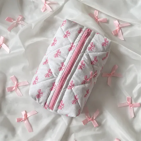 Koreanischer Stil Schleife Druck Kosmetiktasche Tragbare Gesteppte Reise Kulturbeutel Große Kapazität Kosmetik Aufbewahrungstasche Für Damen