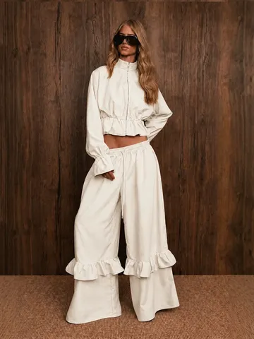 Women Casual Stand Up Collar Long Sleeve Zipper Top And Ruffle Wide Leg Pants Top And Bottom Outfit