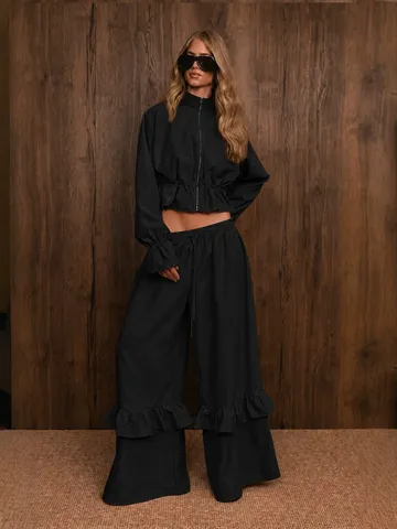Women Casual Stand Up Collar Long Sleeve Zipper Top And Ruffle Wide Leg Pants Top And Bottom Outfit