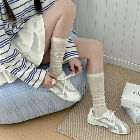 Women Slouch Socks Cotton Mesh Breathable Casual Long Stockings Ballet Style Solid Color Thin High Socks For Ladies