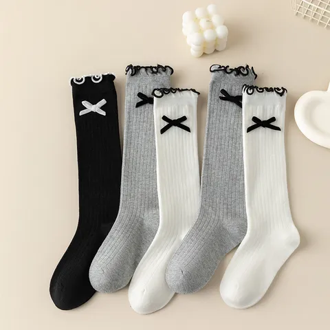 Girls Cute Sweet Japanese Style Knit Mid Calf Socks With Bow And Lace Trim