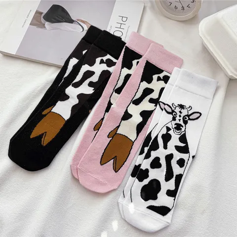 Funny Animal Cow Print Mid Calf Socks Cute Novelty Cotton Blend Casual Crew Socks For Women Men Fashion Hosiery