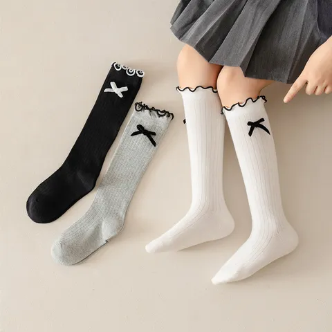 Girls Cute Sweet Japanese Style Knit Mid Calf Socks With Bow And Lace Trim