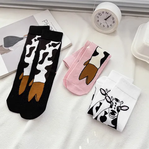 Funny Animal Cow Print Mid Calf Socks Cute Novelty Cotton Blend Casual Crew Socks For Women Men Fashion Hosiery